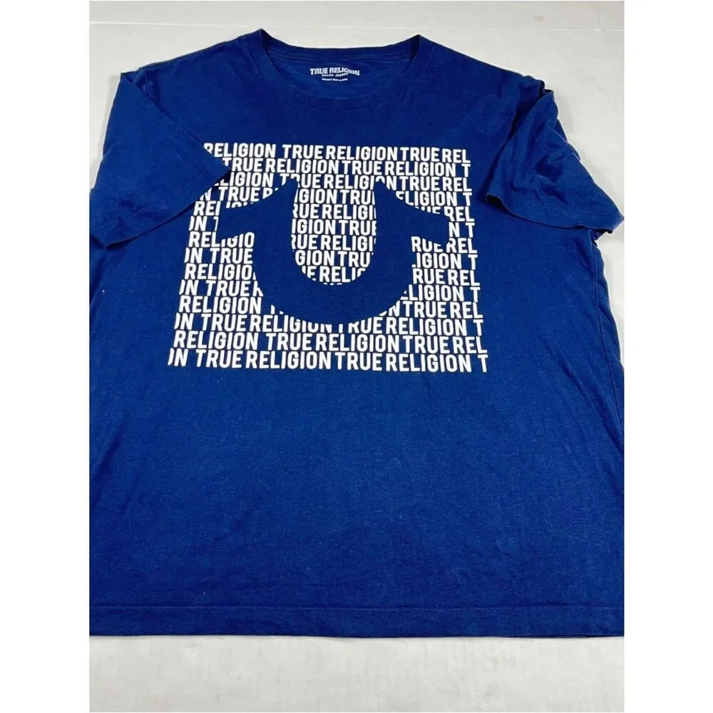True Religion Mens Blue Budda Logo T-Shirt Casual Graphic Print Streetwear Tee M